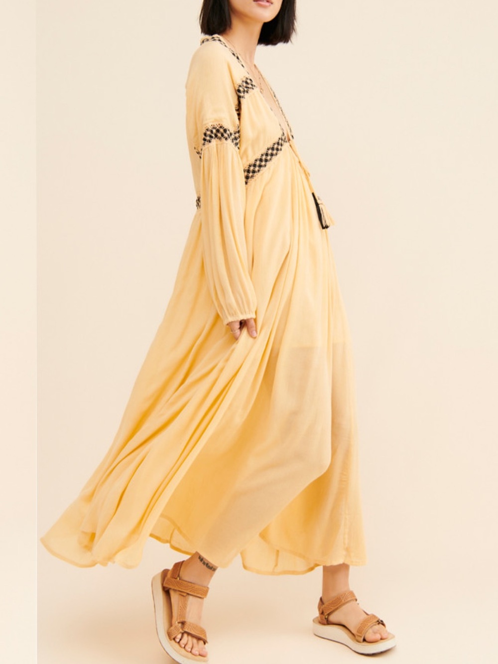 RAGA Pale Yellow Maxi Dress with Black Trim
